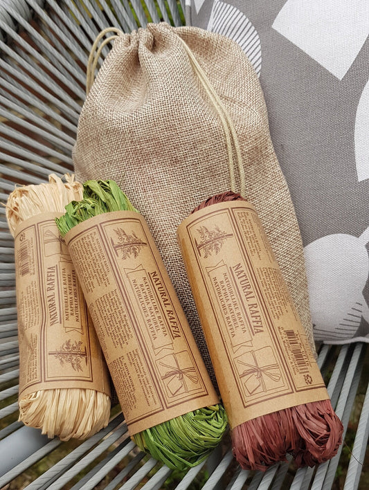 Raffia Natural 50g per bundle - 3 x bundles in a hessian bag