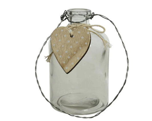 Glass Bottle Vase with wooden heart & wire handle